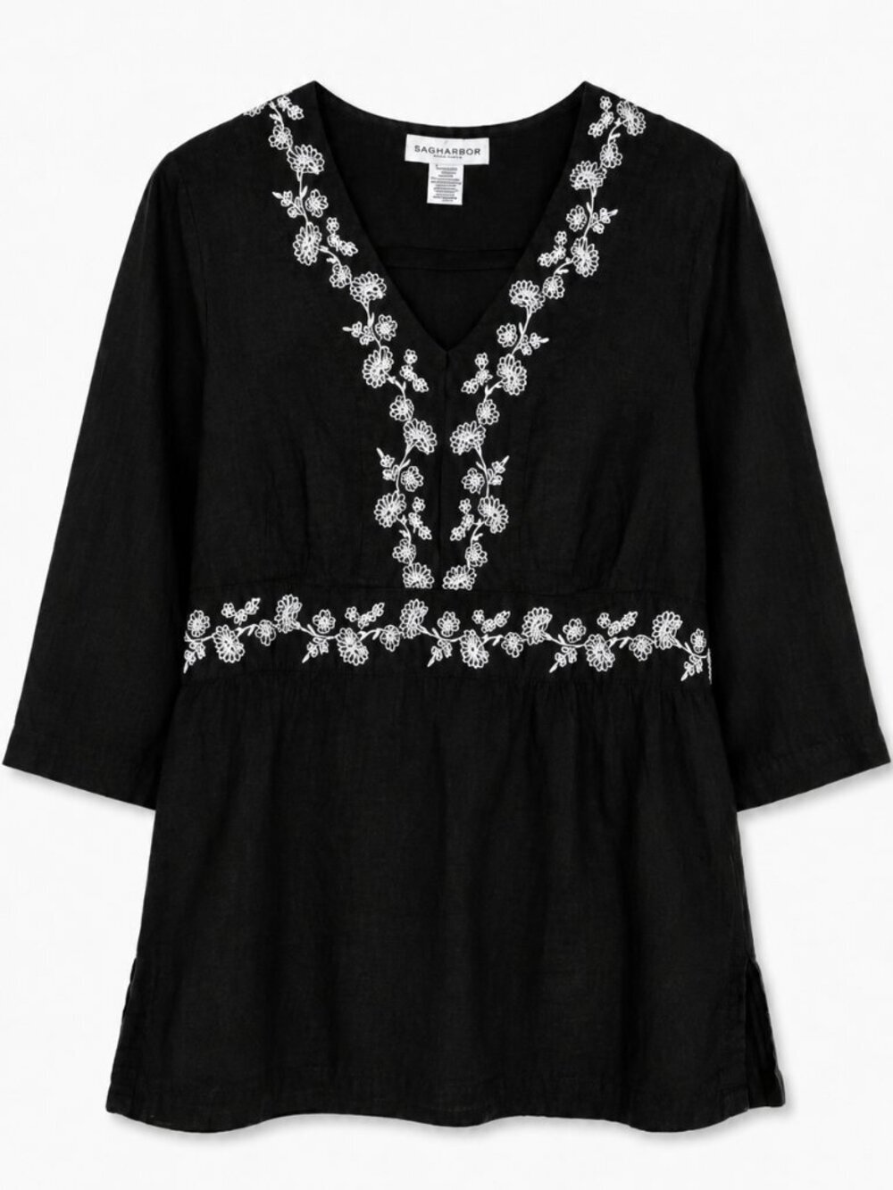 Sag Harbor Petite Black Linen Blend Embroidered Boho Tunic Top P3 Chico